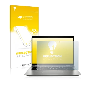 Parte frontal de un envase de producto con el logotipo de la marca upscreen. Al lado se muestra el dispositivo HP ProBook x360