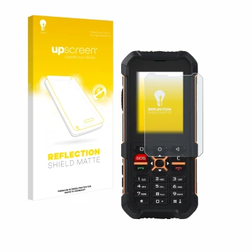 Parte frontal de un envase de producto con el logotipo de la marca upscreen. Al lado se muestra el dispositivo RugGear RG170 c