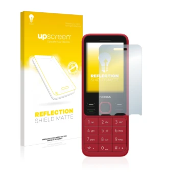 Parte frontal de un envase de producto con el logotipo de la marca upscreen. Al lado se muestra el dispositivo Nokia 150 2020 