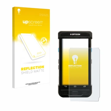 Parte frontal de un envase de producto con el logotipo de la marca upscreen. Al lado se muestra el dispositivo Opticon H-31 co