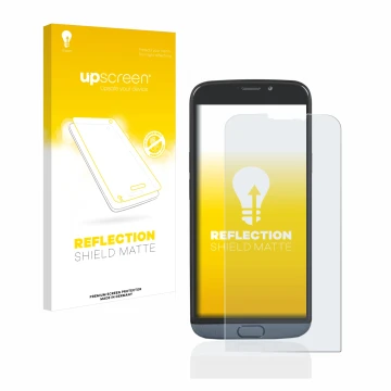 Parte frontal de un envase de producto con el logotipo de la marca upscreen. Al lado se muestra el dispositivo Doro 8050 con s