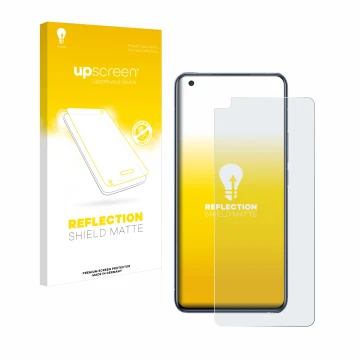 Parte frontal de un envase de producto con el logotipo de la marca upscreen. Al lado se muestra el dispositivo Vivo X50 con su