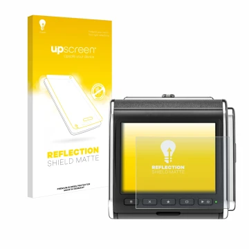 Parte frontal de un envase de producto con el logotipo de la marca upscreen. Al lado se muestra el dispositivo Hasselblad CFV 