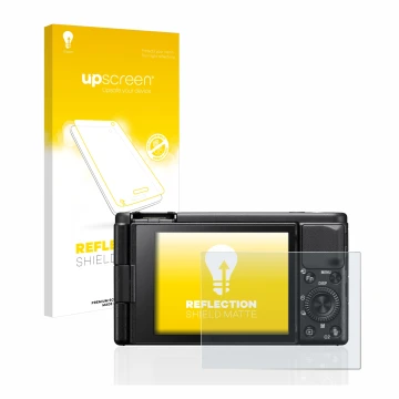 Parte frontal de un envase de producto con el logotipo de la marca upscreen. Al lado se muestra el dispositivo Sony ZV-1 con s