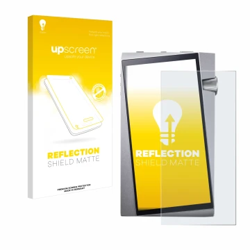 Parte frontal de un envase de producto con el logotipo de la marca upscreen. Al lado se muestra el dispositivo Astell&Kern A&n