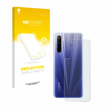 Parte frontal de un envase de producto con el logotipo de la marca upscreen. Al lado se muestra el dispositivo realme 6 (Trase