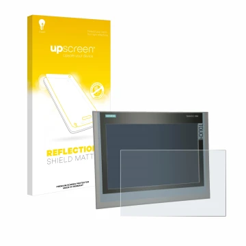 Parte frontal de un envase de producto con el logotipo de la marca upscreen. Al lado se muestra el dispositivo Siemens Simatic