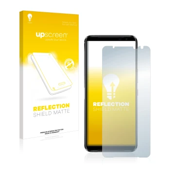 Parte frontal de un envase de producto con el logotipo de la marca upscreen. Al lado se muestra el dispositivo ASUS ROG Phone 