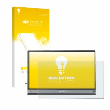 Parte frontal de un envase de producto con el logotipo de la marca upscreen. Al lado se muestra el dispositivo ASUS ZenScreen 