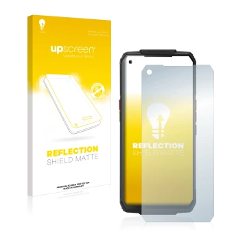 Parte frontal de un envase de producto con el logotipo de la marca upscreen. Al lado se muestra el dispositivo Oukitel WP7 con