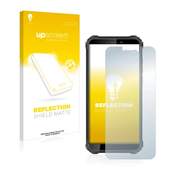Parte frontal de un envase de producto con el logotipo de la marca upscreen. Al lado se muestra el dispositivo Oukitel WP5 Pro