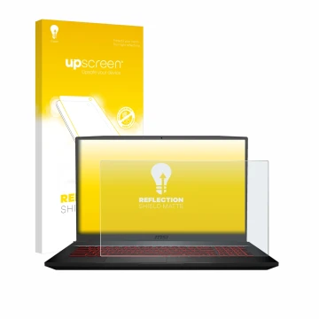 Parte frontal de un envase de producto con el logotipo de la marca upscreen. Al lado se muestra el dispositivo MSI GF75 10SDR-