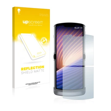 Parte frontal de un envase de producto con el logotipo de la marca upscreen. Al lado se muestra el dispositivo Motorola Razr 5