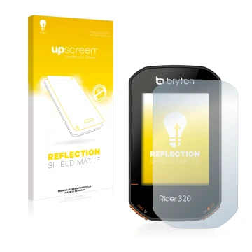 Parte frontal de un envase de producto con el logotipo de la marca upscreen. Al lado se muestra el dispositivo Bryton Rider 32