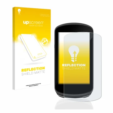 Parte frontal de un envase de producto con el logotipo de la marca upscreen. Al lado se muestra el dispositivo Garmin Edge 103