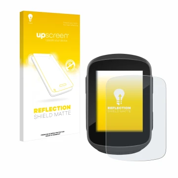 Parte frontal de un envase de producto con el logotipo de la marca upscreen. Al lado se muestra el dispositivo Garmin Edge 130