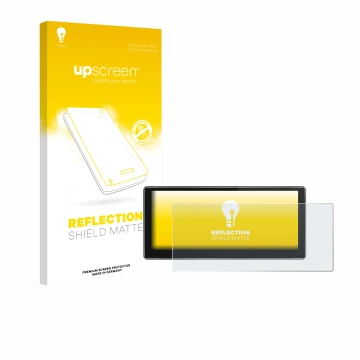 Parte frontal de un envase de producto con el logotipo de la marca upscreen. Al lado se muestra el dispositivo Joying 4G Car R