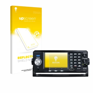 Parte frontal de un envase de producto con el logotipo de la marca upscreen. Al lado se muestra el dispositivo Uniden SDS200E 