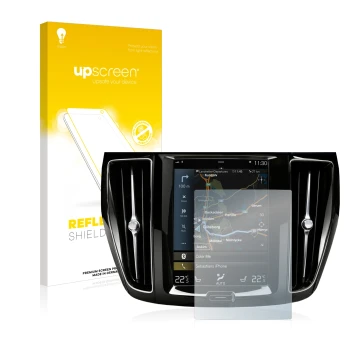 Parte frontal de un envase de producto con el logotipo de la marca upscreen. Al lado se muestra el dispositivo Volvo S60 Sensu