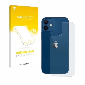 Parte frontal de un envase de producto con el logotipo de la marca upscreen. Al lado se muestra el dispositivo Apple iPhone 12