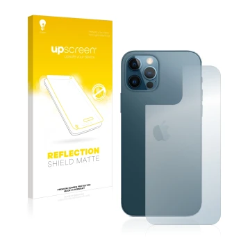 Parte frontal de un envase de producto con el logotipo de la marca upscreen. Al lado se muestra el dispositivo Apple iPhone 12