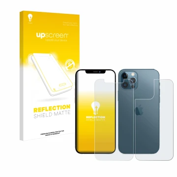 Parte frontal de un envase de producto con el logotipo de la marca upscreen. Al lado se muestra el dispositivo Apple iPhone 12