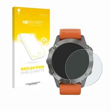 Parte frontal de un envase de producto con el logotipo de la marca upscreen. Al lado se muestra el dispositivo Garmin Fenix 6 