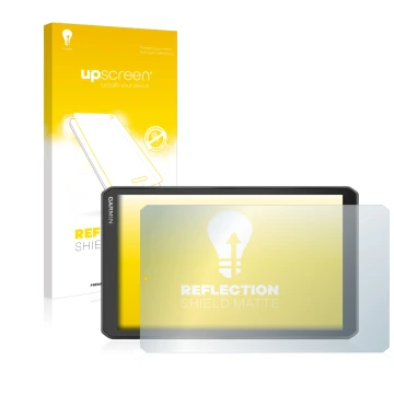 Parte frontal de un envase de producto con el logotipo de la marca upscreen. Al lado se muestra el dispositivo Garmin Camper 8