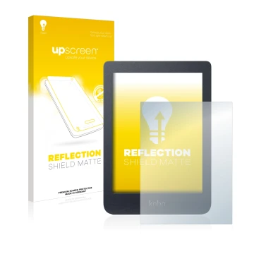 Parte frontal de un envase de producto con el logotipo de la marca upscreen. Al lado se muestra el dispositivo Kobo Nia con su