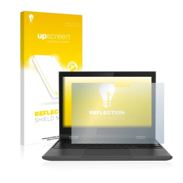 Parte frontal de un envase de producto con el logotipo de la marca upscreen. Al lado se muestra el dispositivo Lenovo 300e (2d