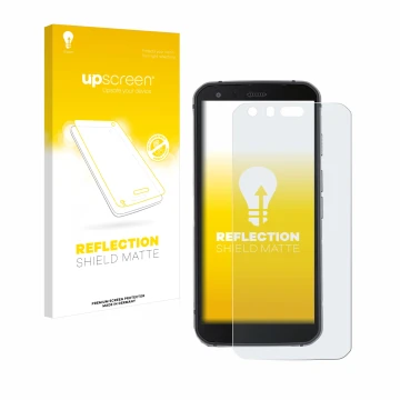 Parte frontal de un envase de producto con el logotipo de la marca upscreen. Al lado se muestra el dispositivo Caterpillar Cat