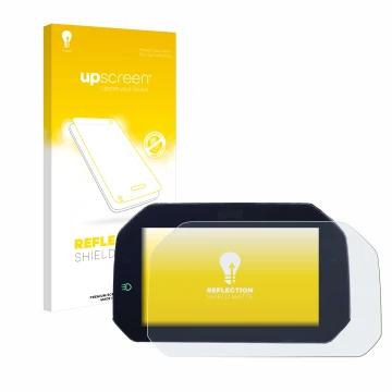 Parte frontal de un envase de producto con el logotipo de la marca upscreen. Al lado se muestra el dispositivo BMW S 1000 XR 2