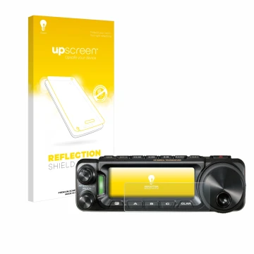 Parte frontal de un envase de producto con el logotipo de la marca upscreen. Al lado se muestra el dispositivo Yaesu FT-891 co