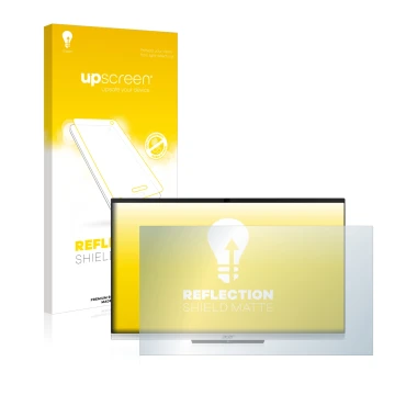 Parte frontal de un envase de producto con el logotipo de la marca upscreen. Al lado se muestra el dispositivo Acer Aspire C24