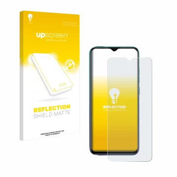 Parte frontal de un envase de producto con el logotipo de la marca upscreen. Al lado se muestra el dispositivo Ulefone Note 9P