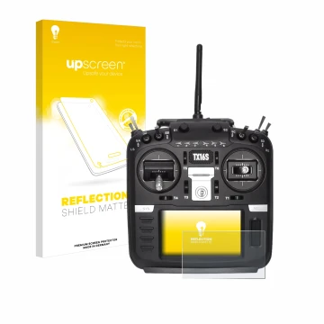 Parte frontal de un envase de producto con el logotipo de la marca upscreen. Al lado se muestra el dispositivo Radiomaster TX1