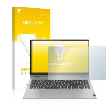 Parte frontal de un envase de producto con el logotipo de la marca upscreen. Al lado se muestra el dispositivo Lenovo IdeaPad 