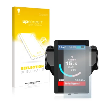 Parte frontal de un envase de producto con el logotipo de la marca upscreen. Al lado se muestra el dispositivo Bafang 850c con