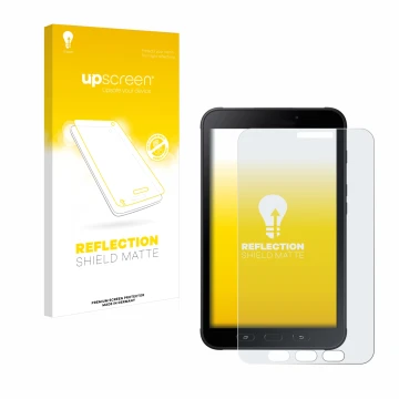 Parte frontal de un envase de producto con el logotipo de la marca upscreen. Al lado se muestra el dispositivo Samsung Galaxy 