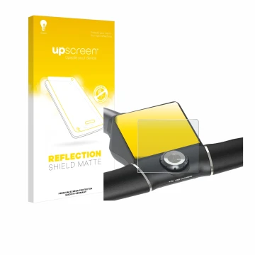 Parte frontal de un envase de producto con el logotipo de la marca upscreen. Al lado se muestra el dispositivo Motocaddy M5 GP