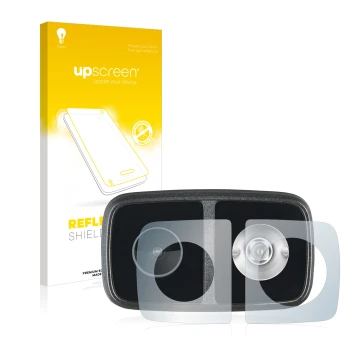Parte frontal de un envase de producto con el logotipo de la marca upscreen. Al lado se muestra el dispositivo Cycliq Fly12 CE