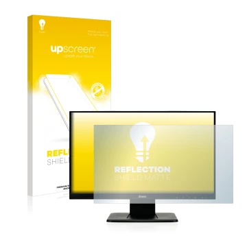 Parte frontal de un envase de producto con el logotipo de la marca upscreen. Al lado se muestra el dispositivo Iiyama ProLite 