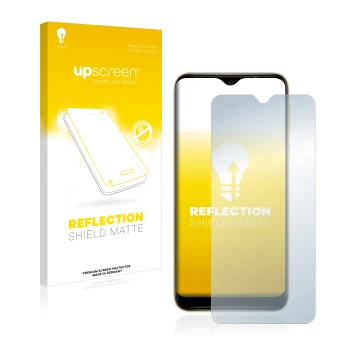 Parte frontal de un envase de producto con el logotipo de la marca upscreen. Al lado se muestra el dispositivo Wiko Y81 con su