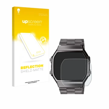 Parte frontal de un envase de producto con el logotipo de la marca upscreen. Al lado se muestra el dispositivo Casio A168WEGG-