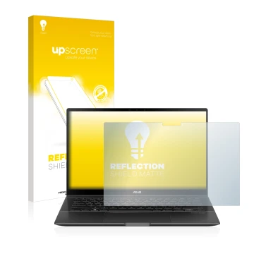 Parte frontal de un envase de producto con el logotipo de la marca upscreen. Al lado se muestra el dispositivo ASUS ZenBook Fl