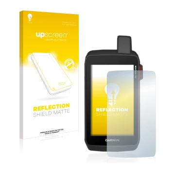 Parte frontal de un envase de producto con el logotipo de la marca upscreen. Al lado se muestra el dispositivo Garmin Montana 