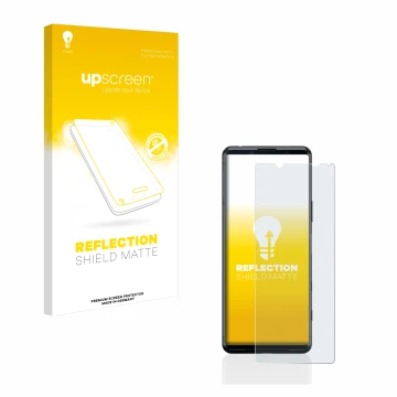 Parte frontal de un envase de producto con el logotipo de la marca upscreen. Al lado se muestra el dispositivo Sony Xperia 5 I