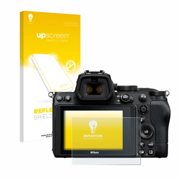 Parte frontal de un envase de producto con el logotipo de la marca upscreen. Al lado se muestra el dispositivo Nikon Z 5 con s
