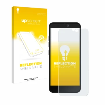 Parte frontal de un envase de producto con el logotipo de la marca upscreen. Al lado se muestra el dispositivo Fairphone 3 Plu