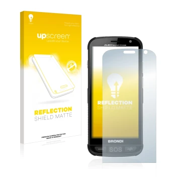 Parte frontal de un envase de producto con el logotipo de la marca upscreen. Al lado se muestra el dispositivo Brondi Amico co